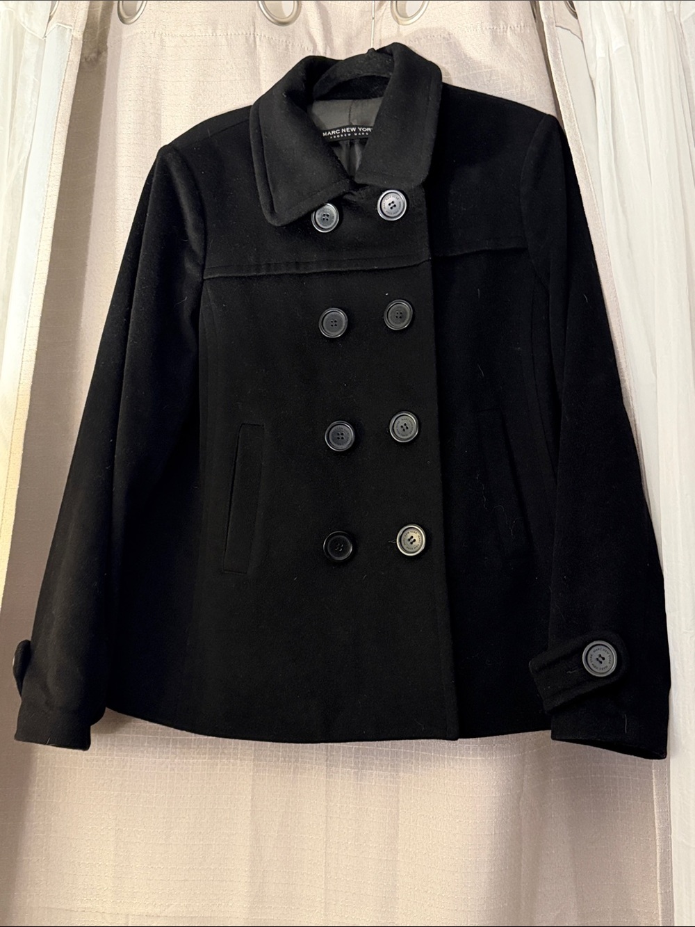 Wool-Blend Black Double-Breasted Peacoat by Marc New York